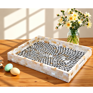 Black and white Mother of Pearl inlay rectangular serving tray with handmade sunburst geometric pattern