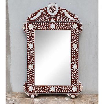 Brown Mother of Pearl Inlay Mirror – Handmade Peacock Floral Wall Mirror