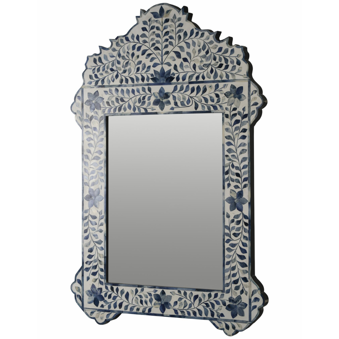 Blue Floral Bone Inlay Mirror Scalloped Arch Handmade Decorative Wall Mirror Luxury Home Decor