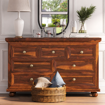 Solid Wood 7 Drawer Dresser | Rustic Wooden Chest of Drawers | Farmhouse Bedroom Storage Cabinet