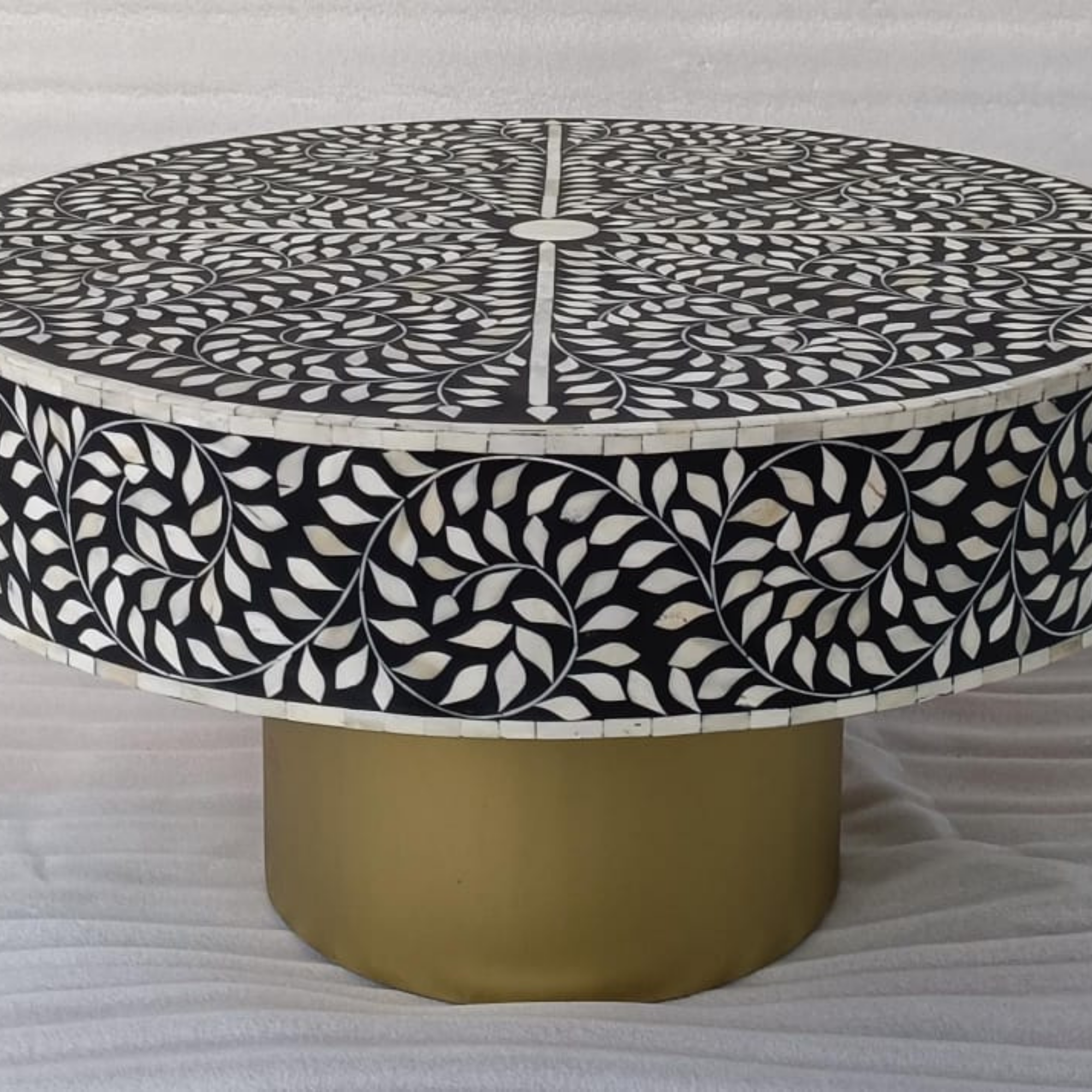 Black Floral Bone Inlay Round Coffee Table | Handmade Luxury Center Table