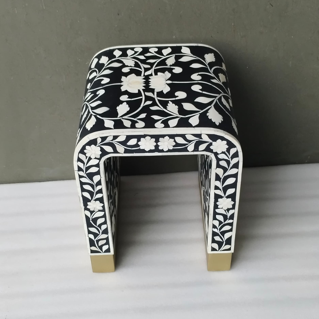 Black Bone Inlay Side Table – Handmade Floral Accent Stool