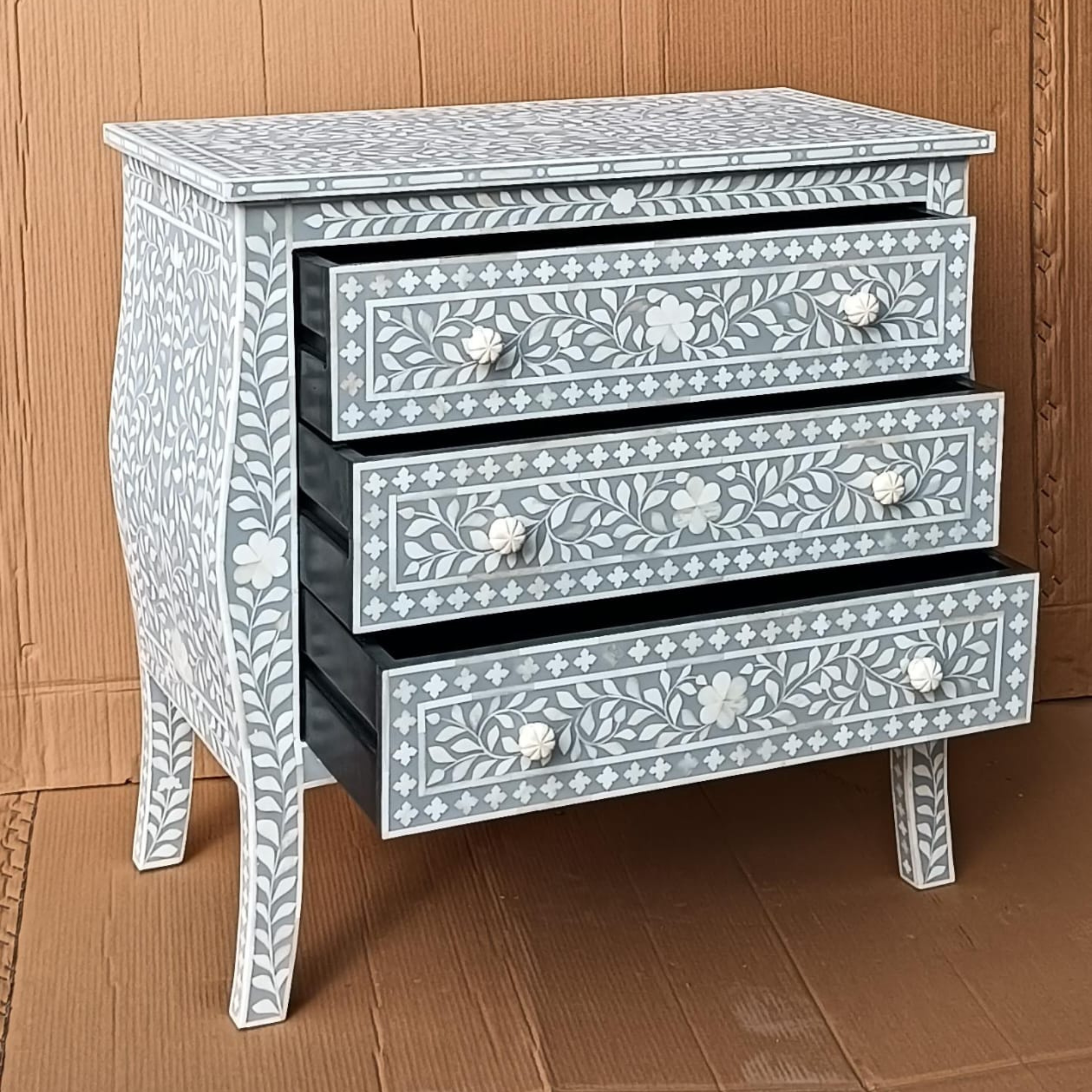 Handmade Grey Bone Inlay Sideboard Cabinet – Floral Pattern Storage Console