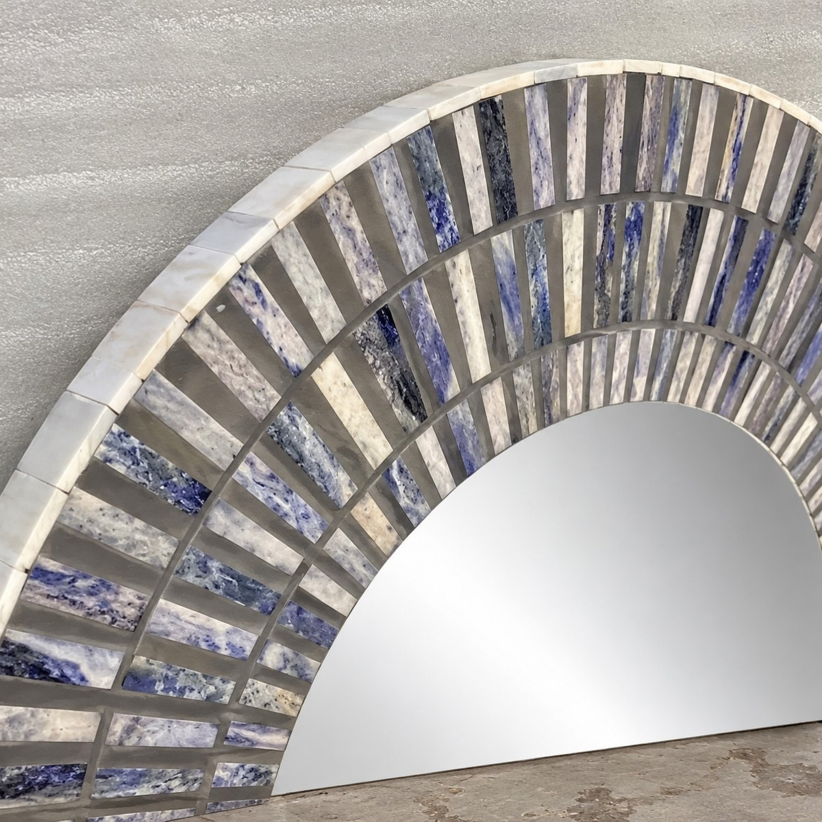 Handmade Grey Geometric Round Wall Mirror – Mosaic Sunburst Design