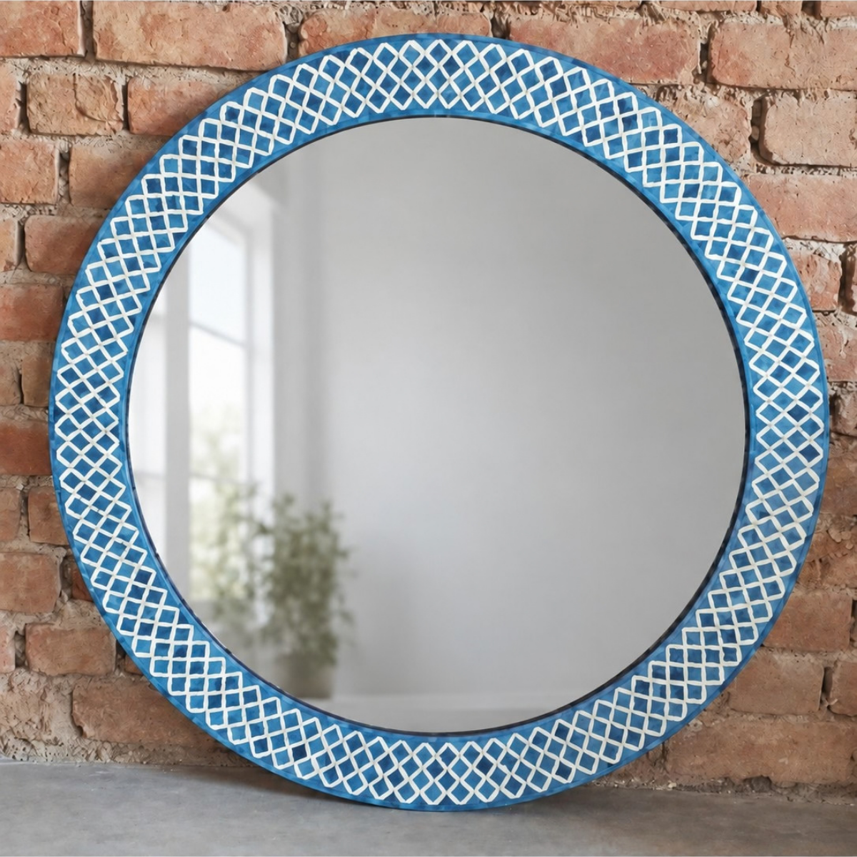 Handmade Blue Bone Inlay Round Mirror – Lattice Geometric Design