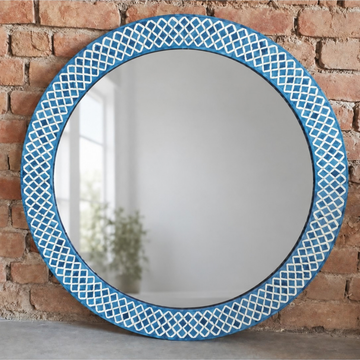 Handmade Blue Bone Inlay Round Mirror – Lattice Geometric Design