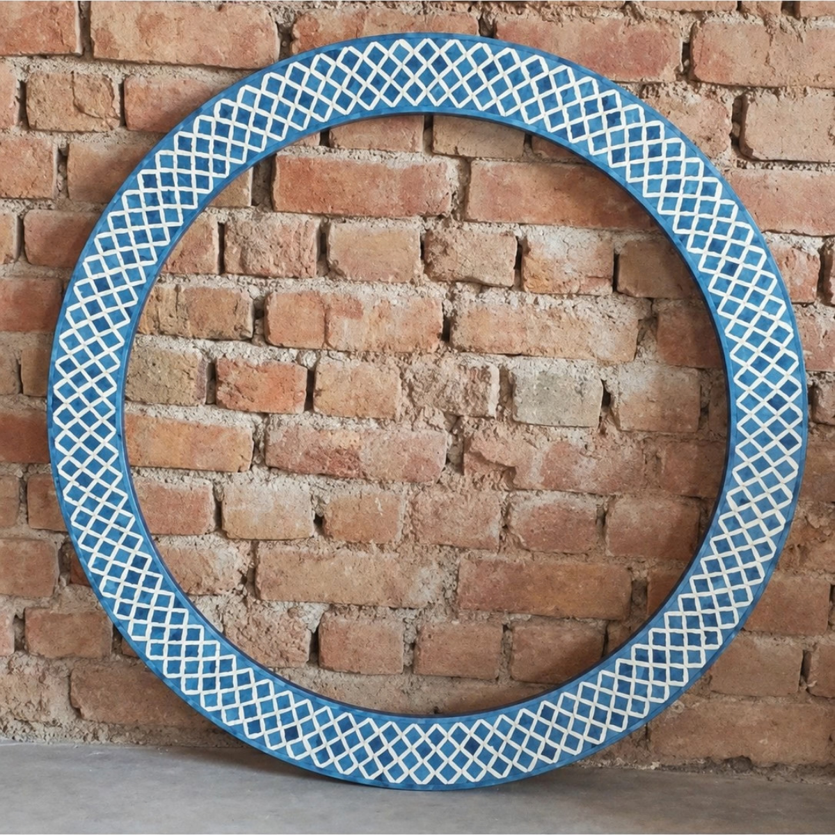 Handmade Blue Bone Inlay Round Mirror – Lattice Geometric Design
