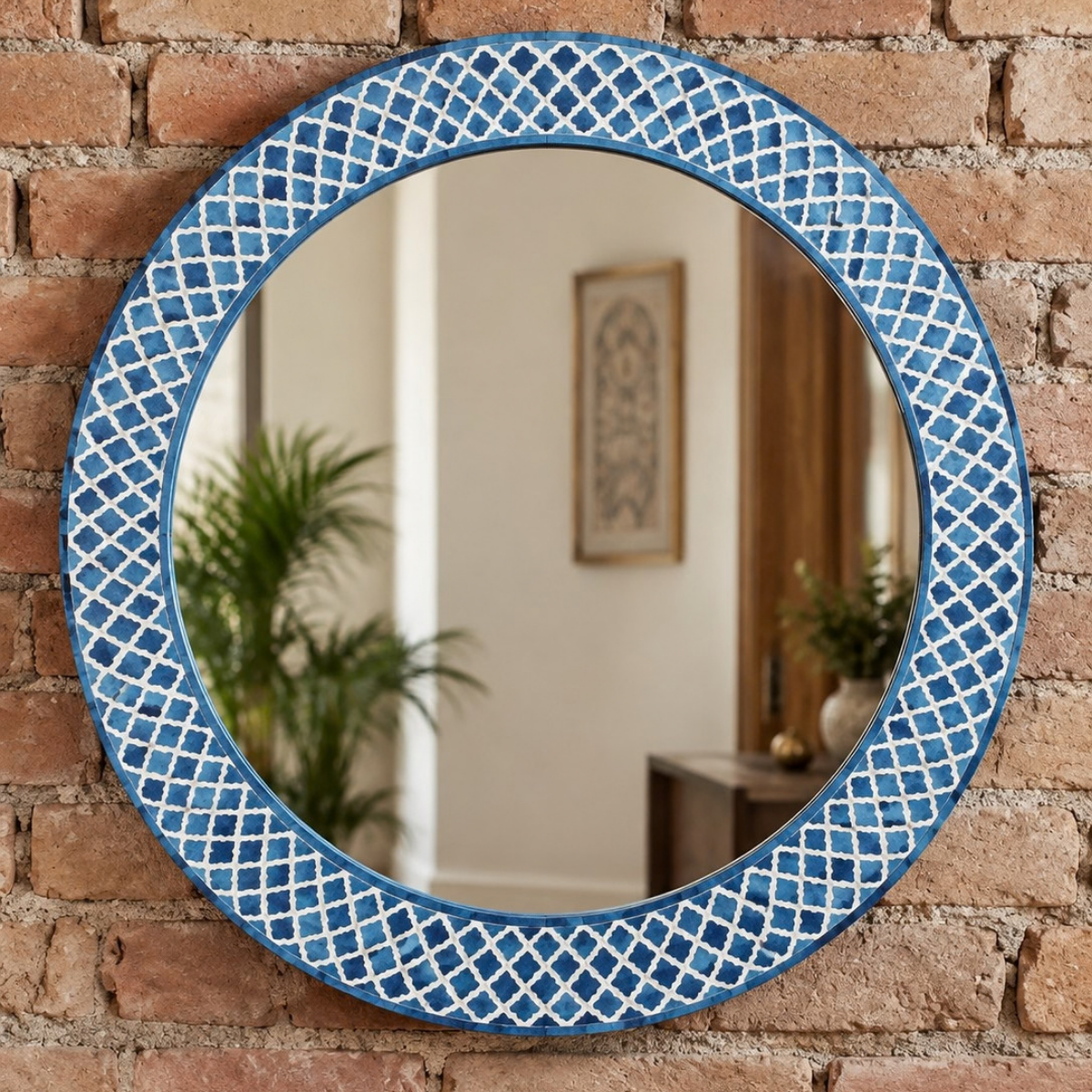 Handmade Blue Bone Inlay Round Mirror – Lattice Geometric Design
