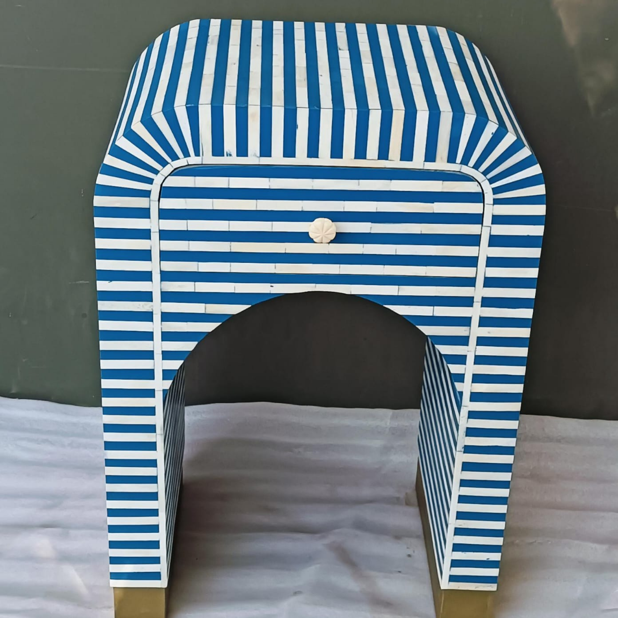 Handmade Blue Bone Inlay Waterfall Bedside Table with Drawer