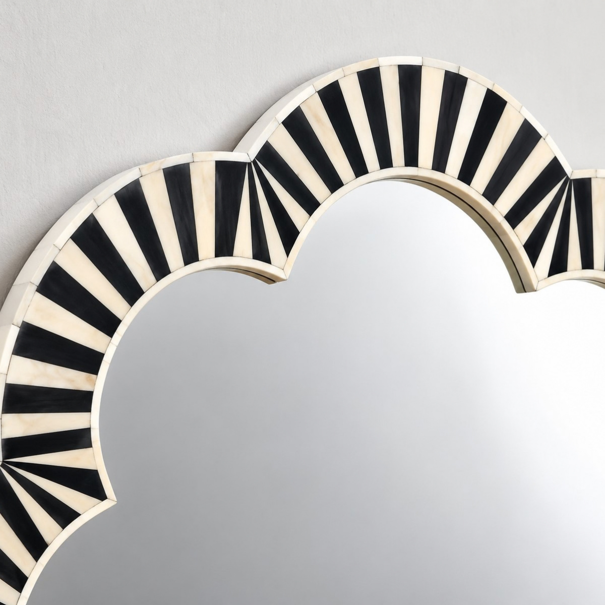 Handmade Black & White Bone Inlay Flower Mirror – Striped Design