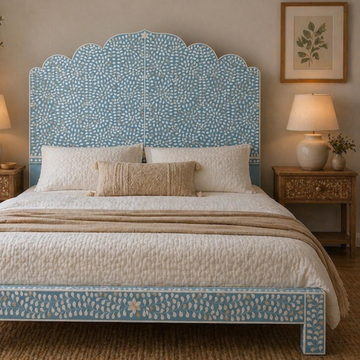 Sky Blue Mother of Pearl Inlay Bed – Scalloped Platform Bed Frame