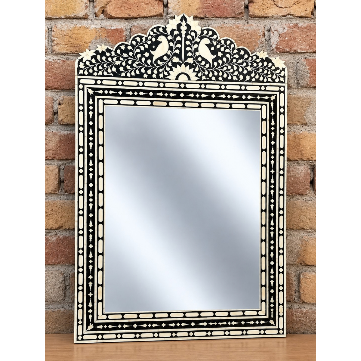 Handmade Black Bone Inlay Mirror – Ornate Floral & Bird Design