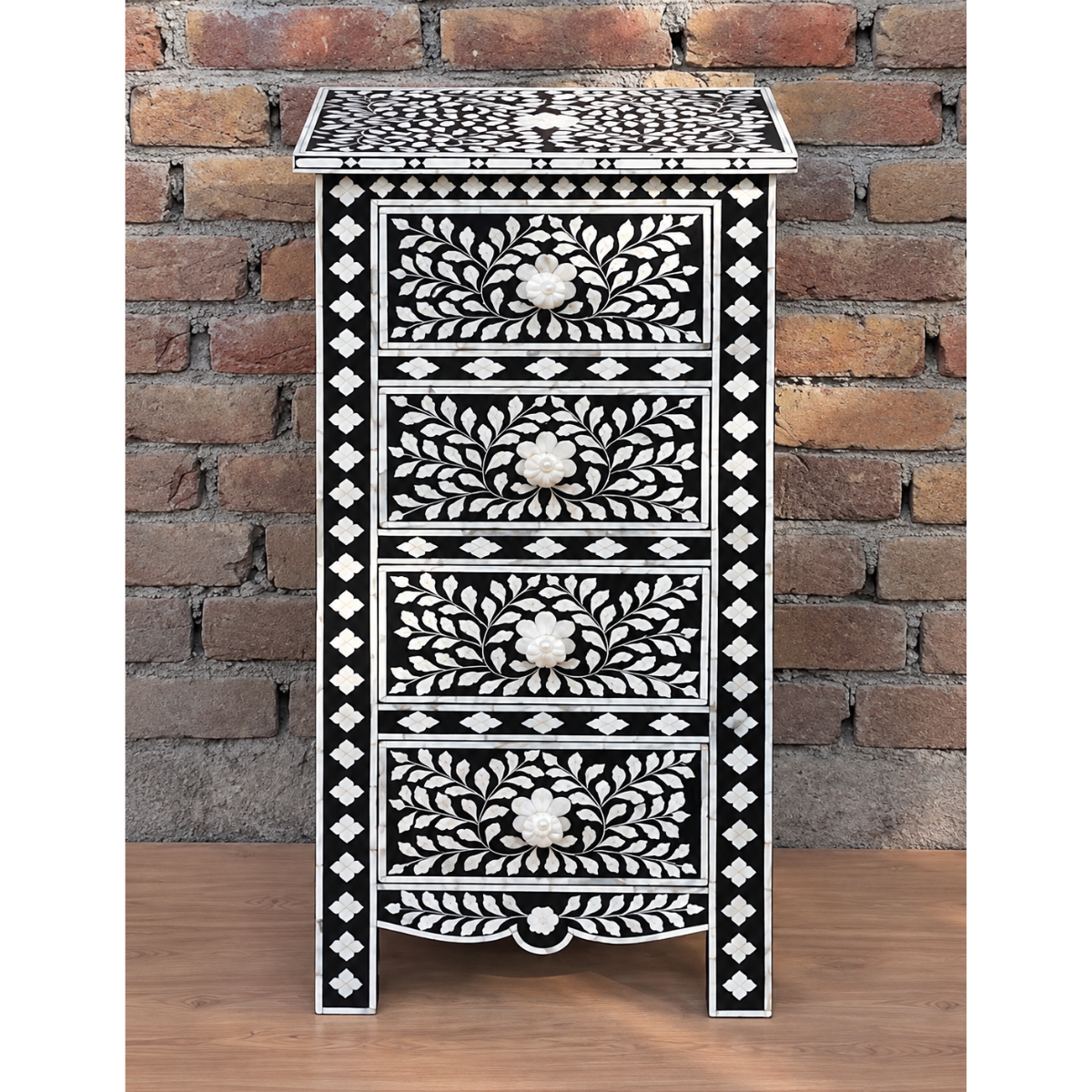 Handmade Bone Inlay 4-Drawer Chest | Black & White Floral Nightstand