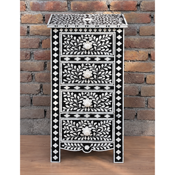 Handmade Bone Inlay 4-Drawer Chest | Black & White Floral Nightstand