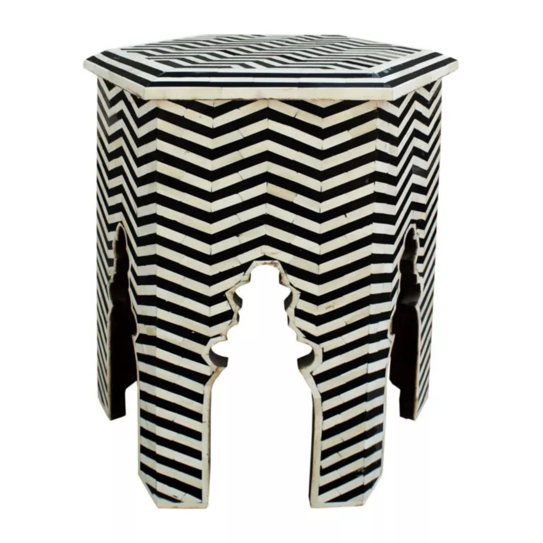 Handmade Black & White Bone Inlay End Table – Chevron Hexagon Moroccan Side Table
