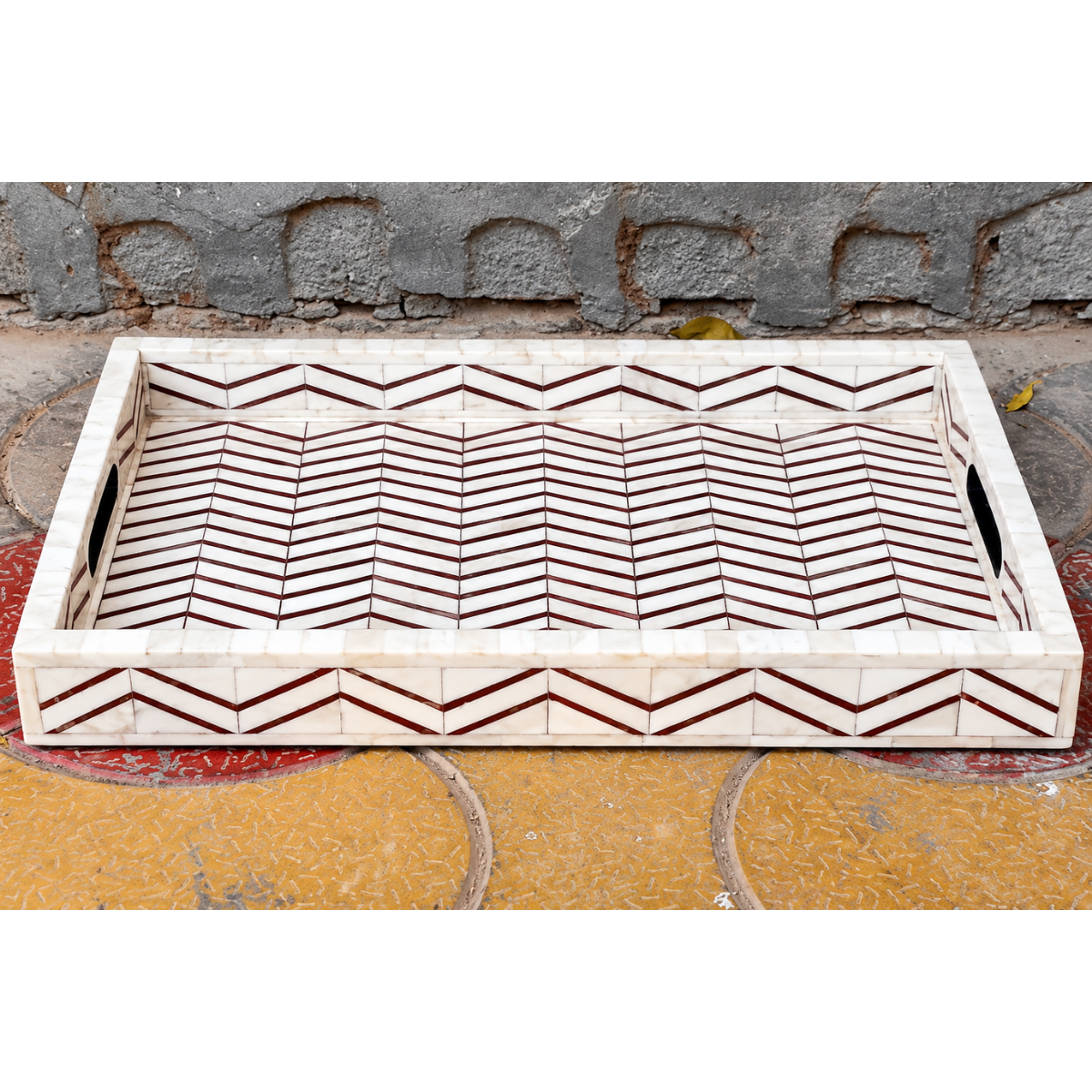 Handmade Red & White Bone Inlay Serving Tray – Chevron Geometric Design