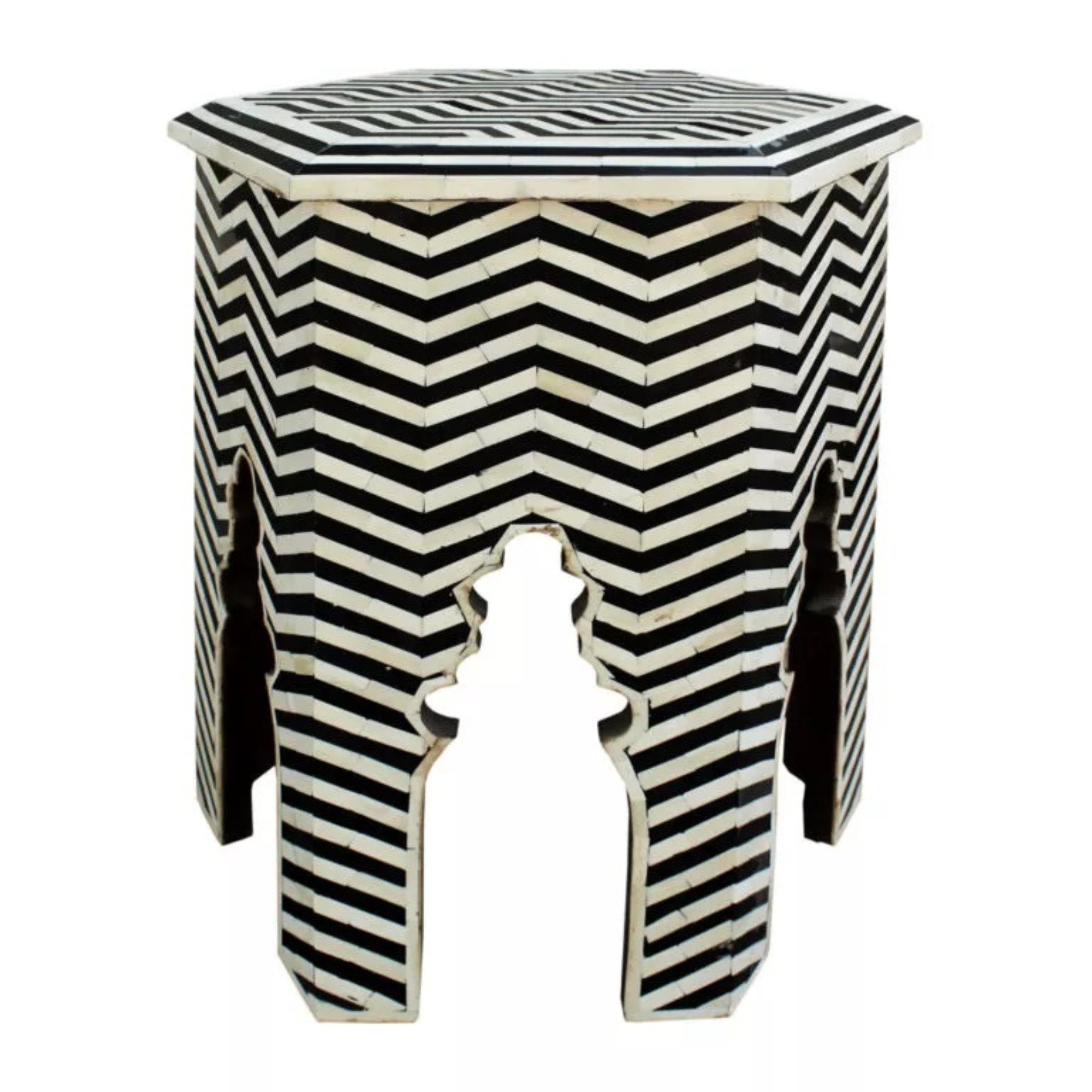 Black & White Chevron Bone Inlay Side Table – Handmade Hexagon Accent Table