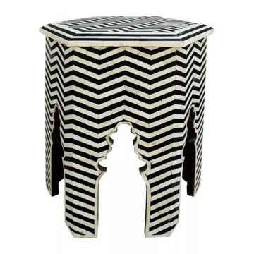 Black & White Chevron Bone Inlay Side Table – Handmade Hexagon Accent Table