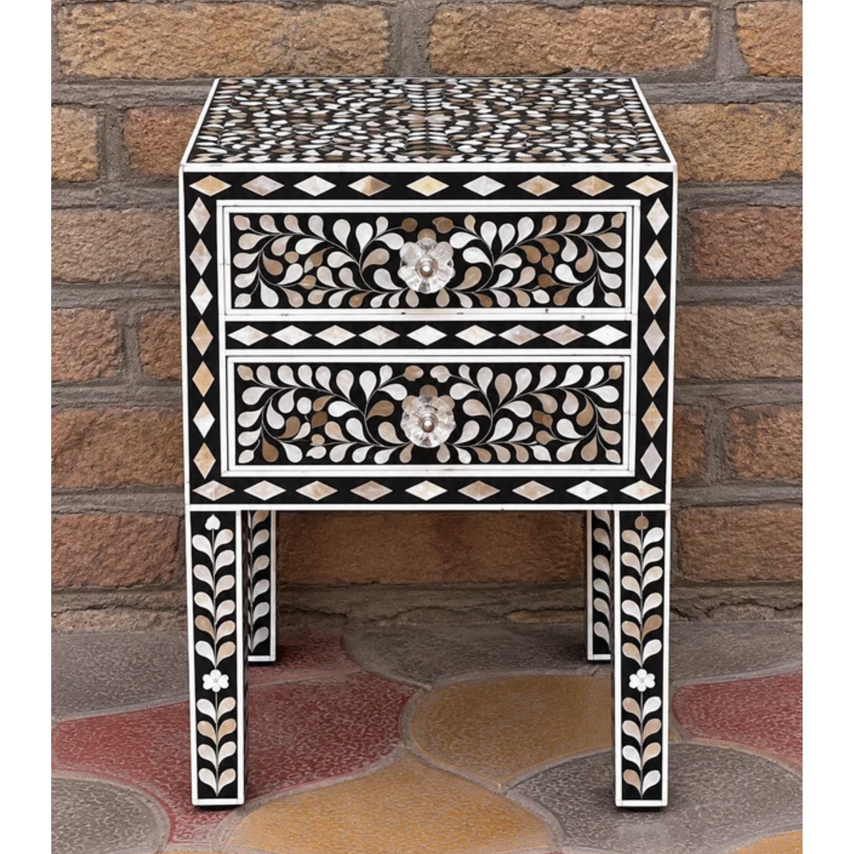 Black Mother of Pearl Inlay Bedside Table – Handmade Floral 2 Drawer Nightstand