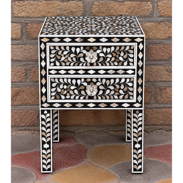 Black Mother of Pearl Inlay Bedside Table – Handmade Floral 2 Drawer Nightstand