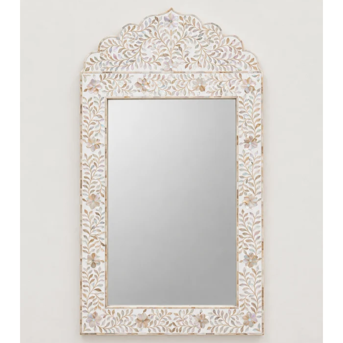 Mother of Pearl Inlay Arch Mirror – Handmade Floral Decorative Wall Mirror