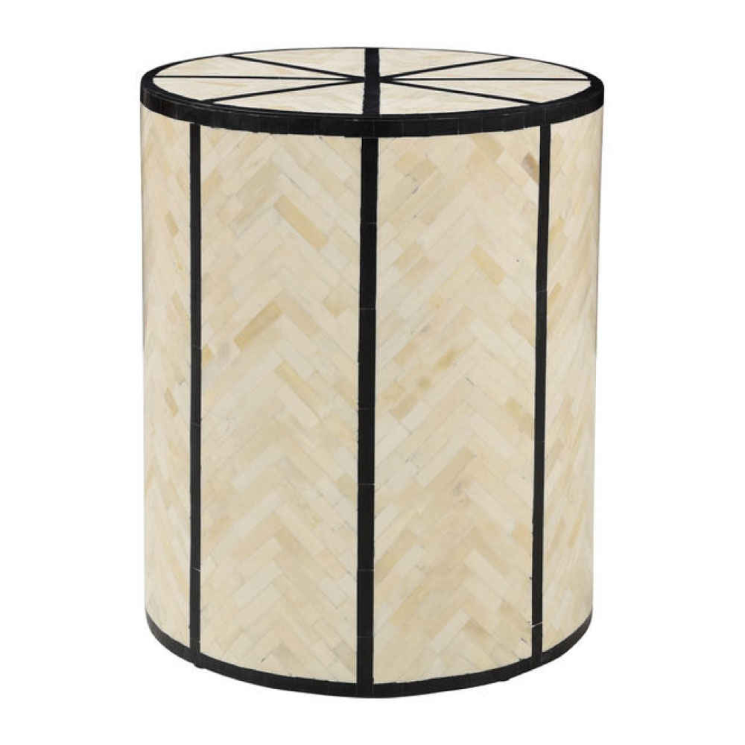 Natural Bone Inlay Round End Table Black Stripe Panel Design Handmade Modern Accent Side Table