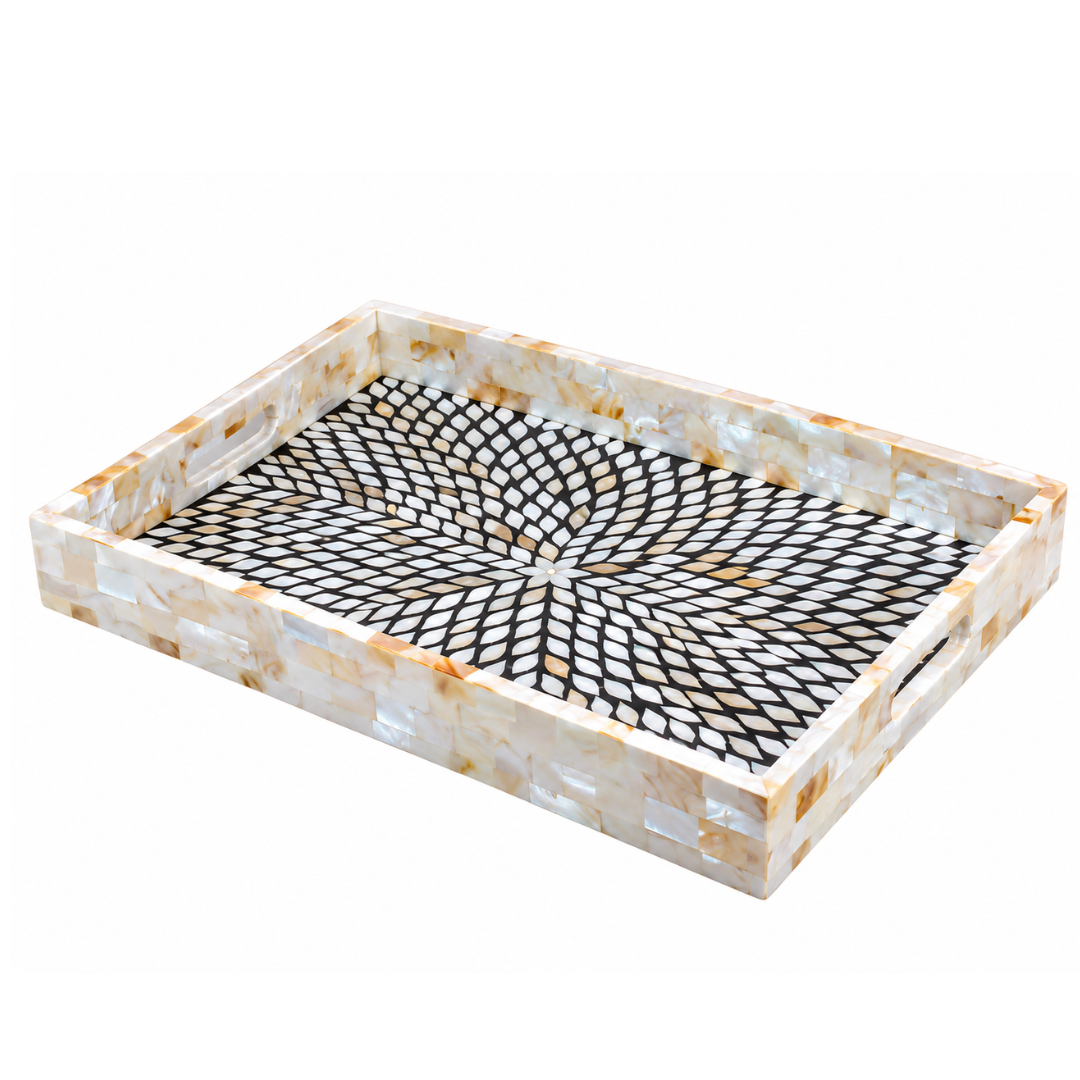 Black & White Mother of Pearl Inlay Serving Tray – Handmade Sunburst Geometric Decorative Tray
