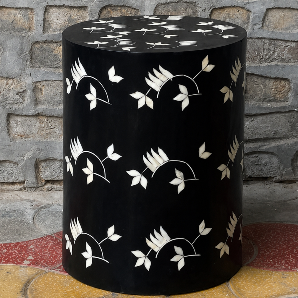 Handmade Black & White Bone Inlay Drum Side Table – Floral Botanical End Table