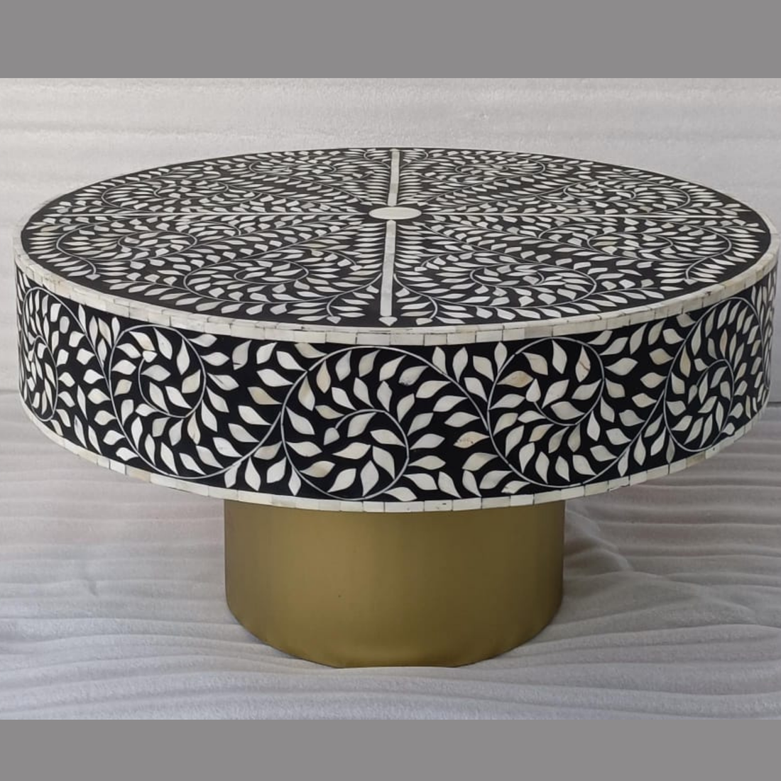 Black Floral Bone Inlay Round Coffee Table | Handmade Luxury Center Table
