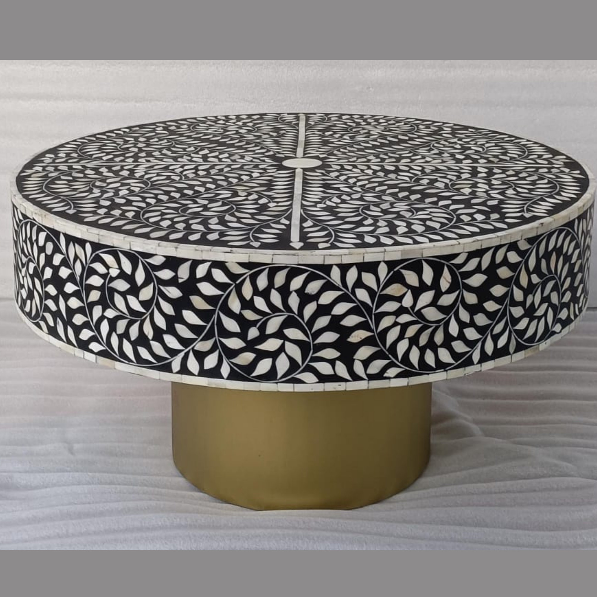 Black Floral Bone Inlay Round Coffee Table | Handmade Luxury Center Table