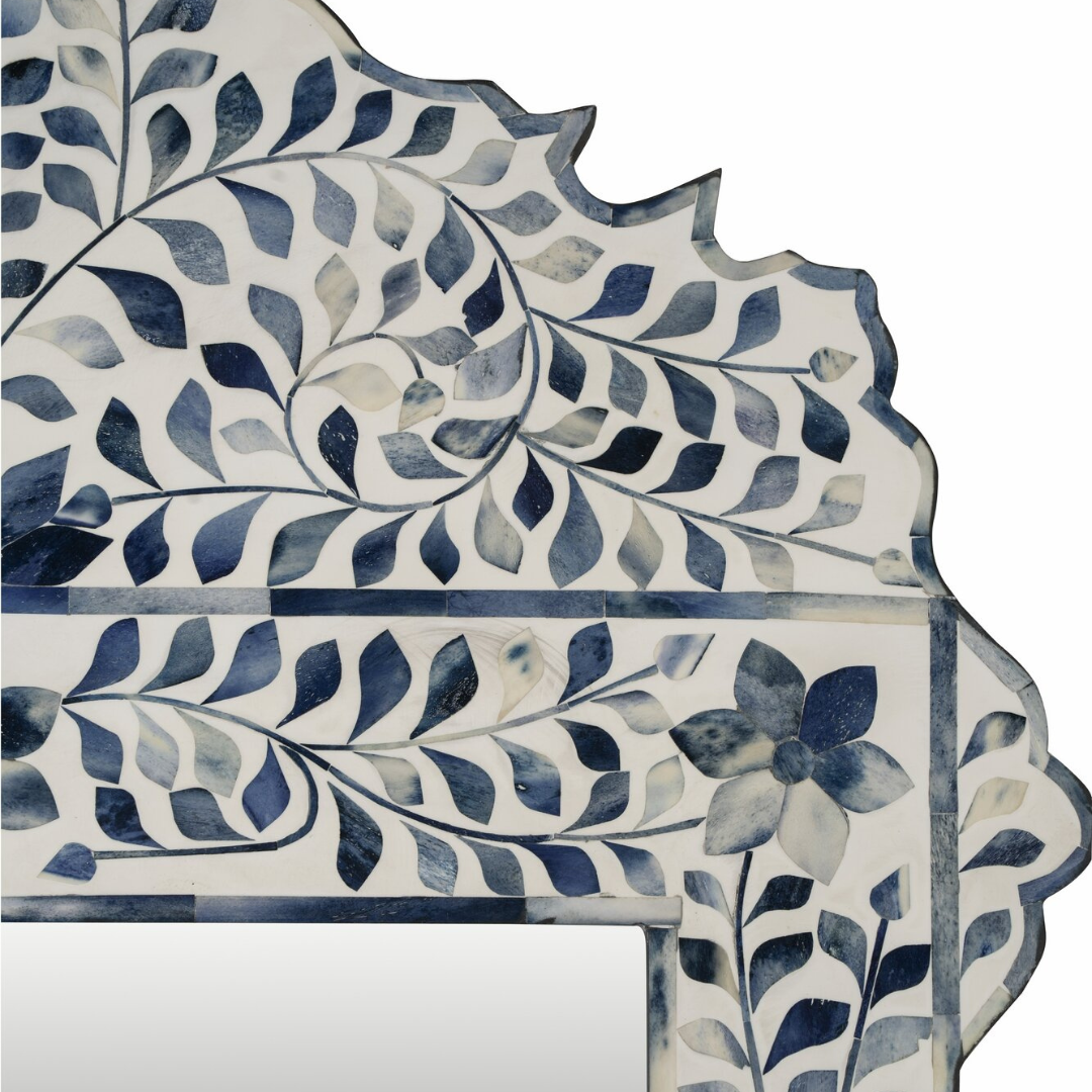 Blue Floral Bone Inlay Mirror Scalloped Arch Handmade Decorative Wall Mirror Luxury Home Decor