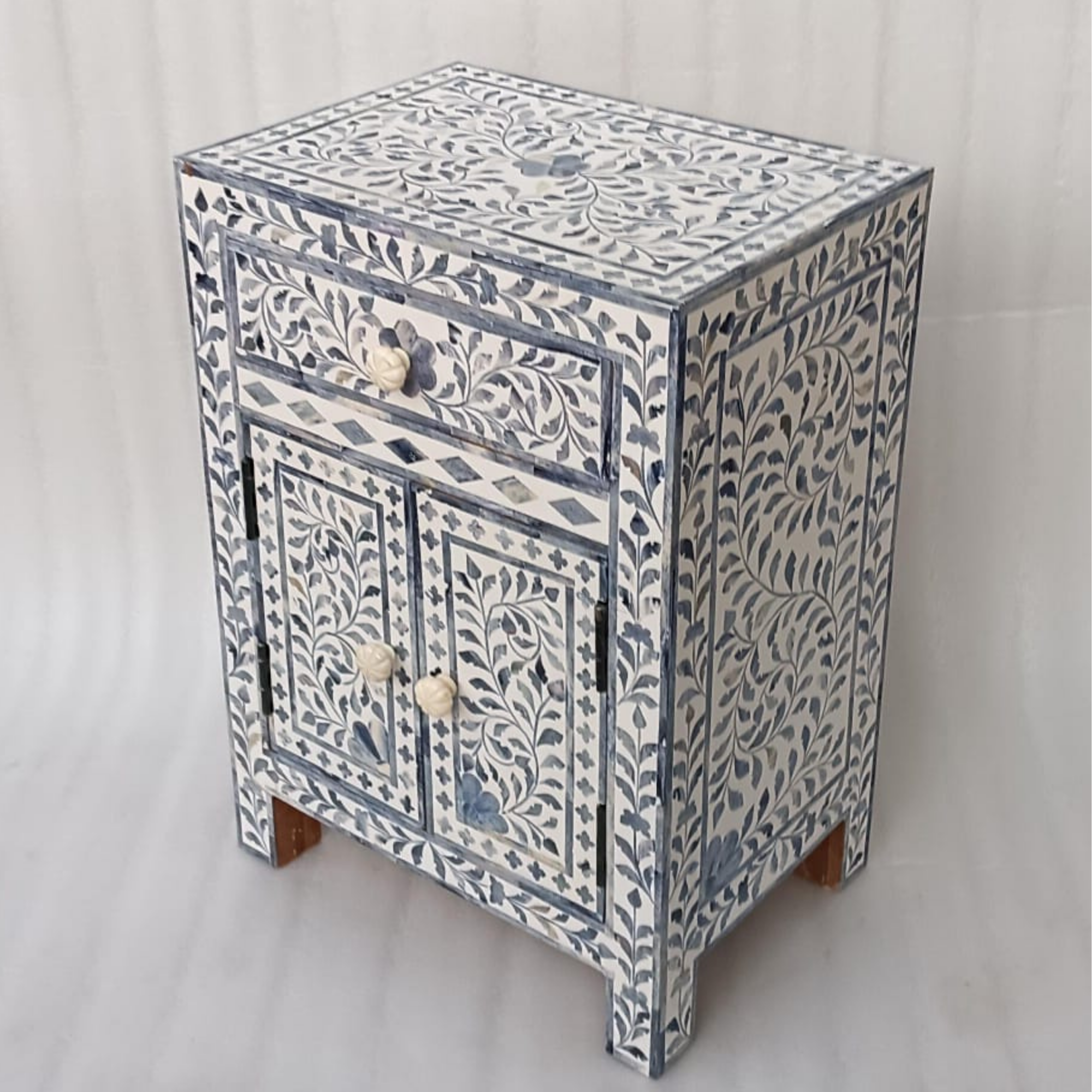 Handmade Blue Bone Inlay Bedside Cabinet with Drawer & Doors