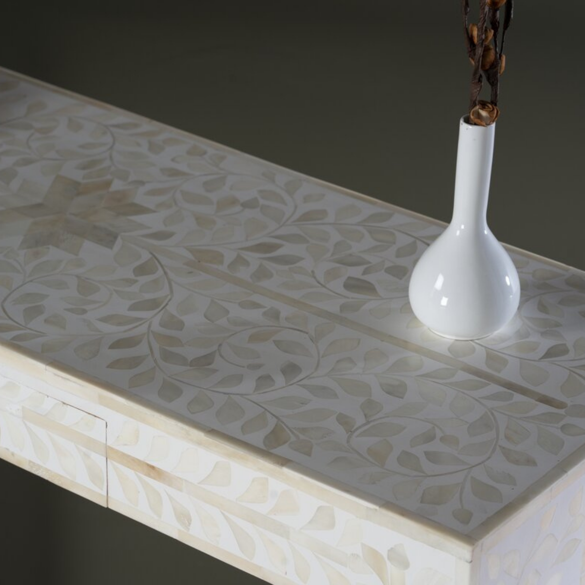 Handmade White Bone Inlay Console Table with Drawer | Floral Pattern Entryway Table