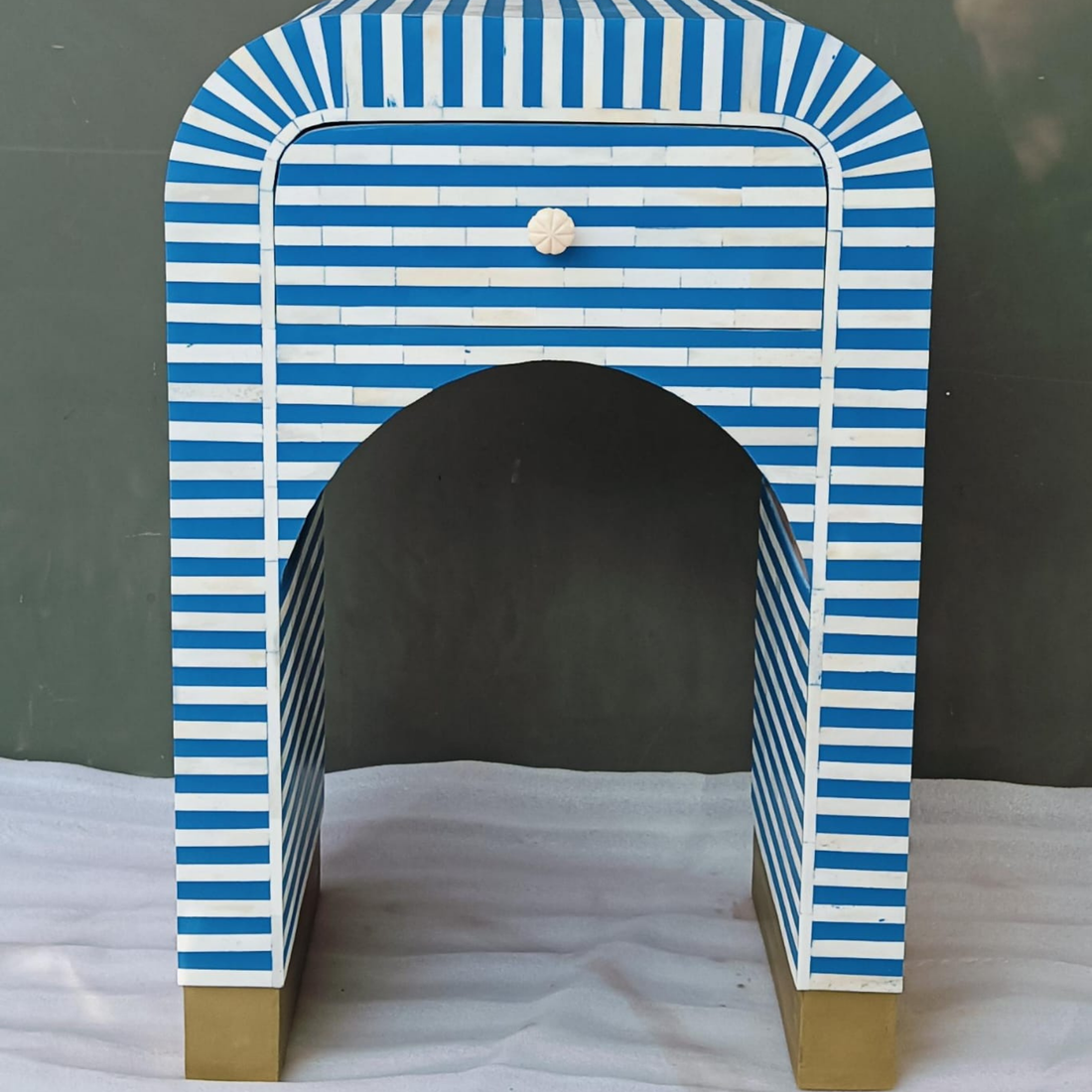 Handmade Blue Bone Inlay Waterfall Bedside Table with Drawer