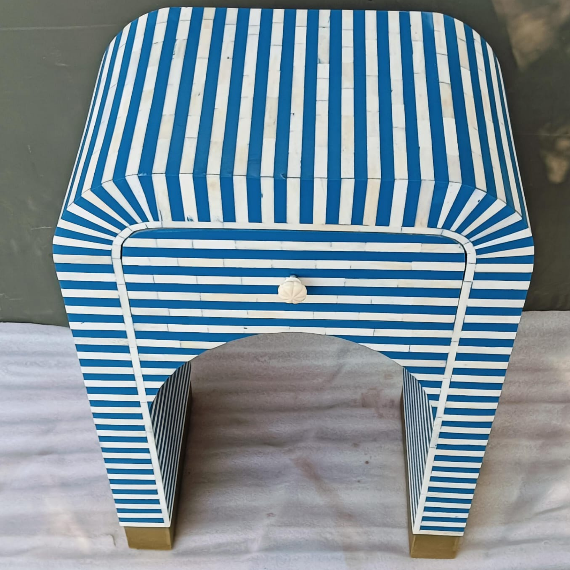 Handmade Blue Bone Inlay Waterfall Bedside Table with Drawer