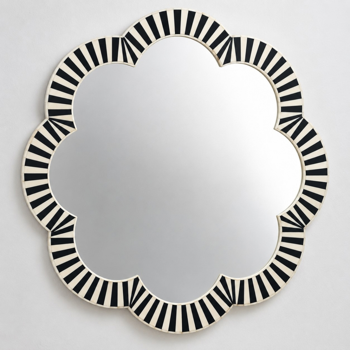 Handmade Black & White Bone Inlay Flower Mirror – Striped Design