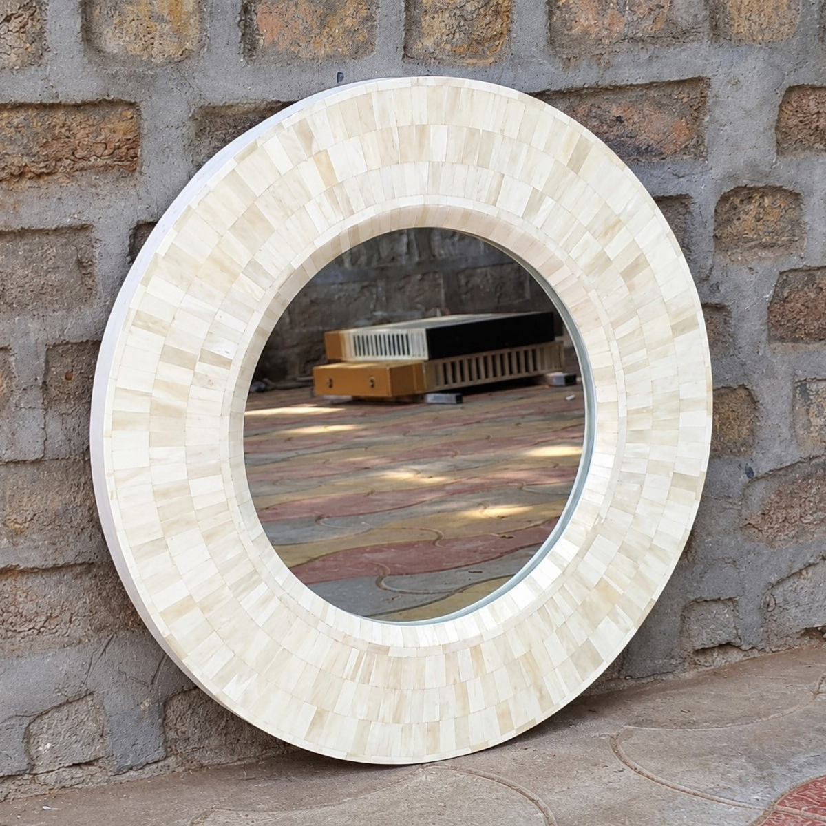 Handmade White Bone Inlay Round Mirror – Mosaic Design