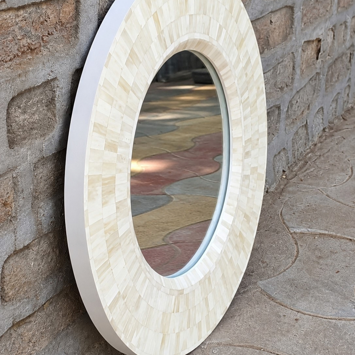 Handmade White Bone Inlay Round Mirror – Mosaic Design