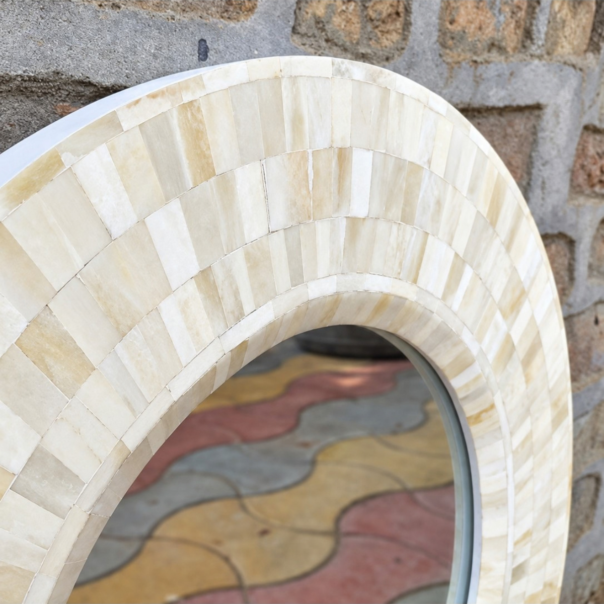 Handmade White Bone Inlay Round Mirror – Mosaic Design