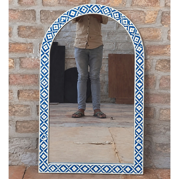 Handmade Blue & White Bone Inlay Arch Mirror – Geometric Decorative Wall Mirror
