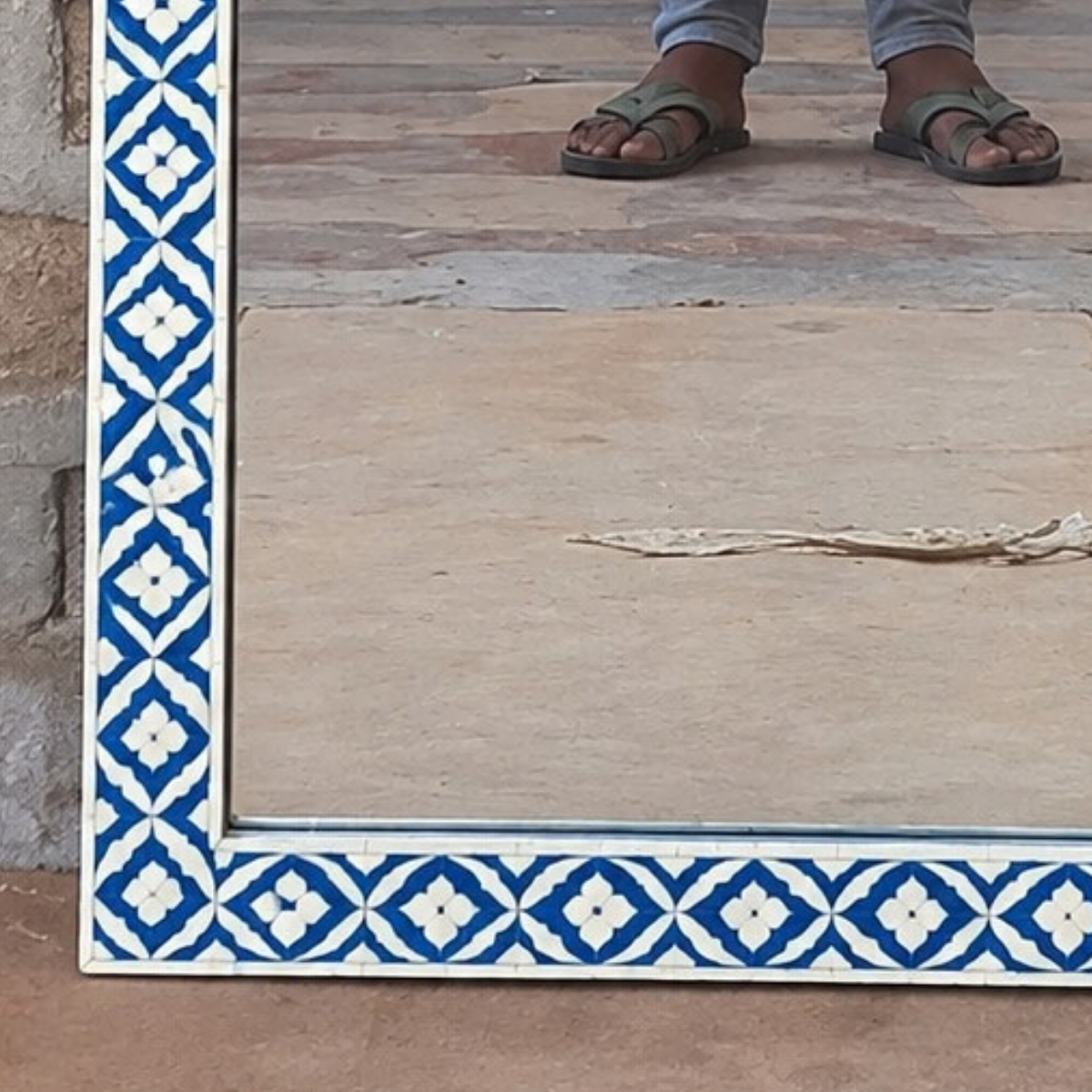Handmade Blue & White Bone Inlay Arch Mirror – Geometric Decorative Wall Mirror
