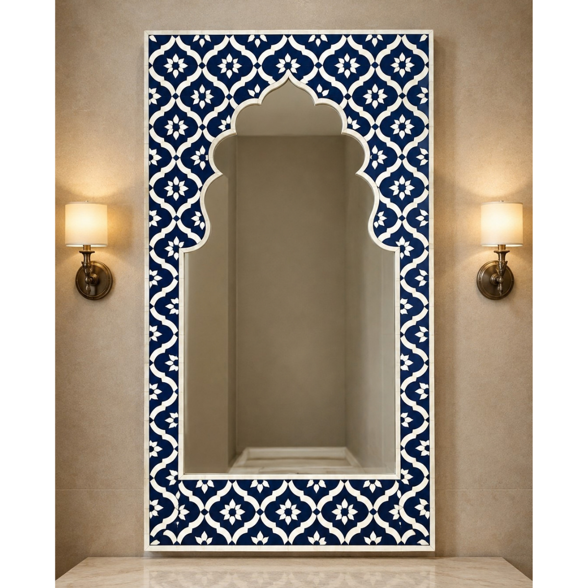 Handmade Navy Blue Bone Inlay Mirror – Mughal Arch Floral Wall Mirror