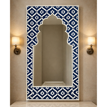 Handmade Navy Blue Bone Inlay Mirror – Mughal Arch Floral Wall Mirror
