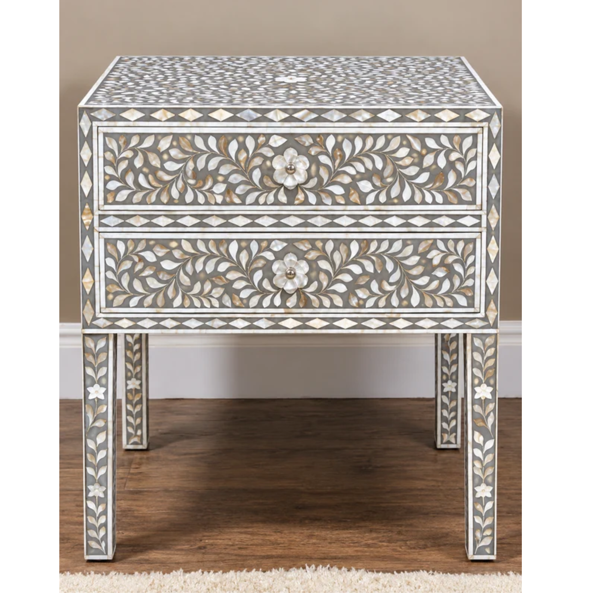 Gray Mother of Pearl Inlay Bedside Table – Handmade Floral 2 Drawer Nightstand
