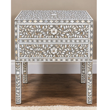 Gray Mother of Pearl Inlay Bedside Table – Handmade Floral 2 Drawer Nightstand