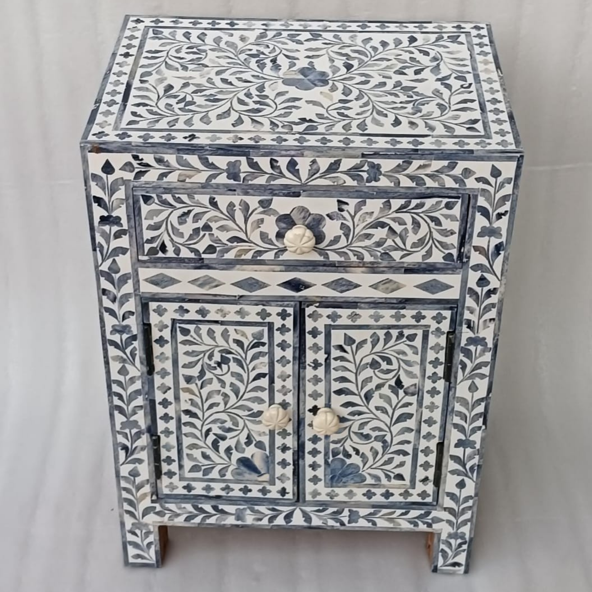 Handmade Blue Bone Inlay Bedside Cabinet with Drawer & Doors