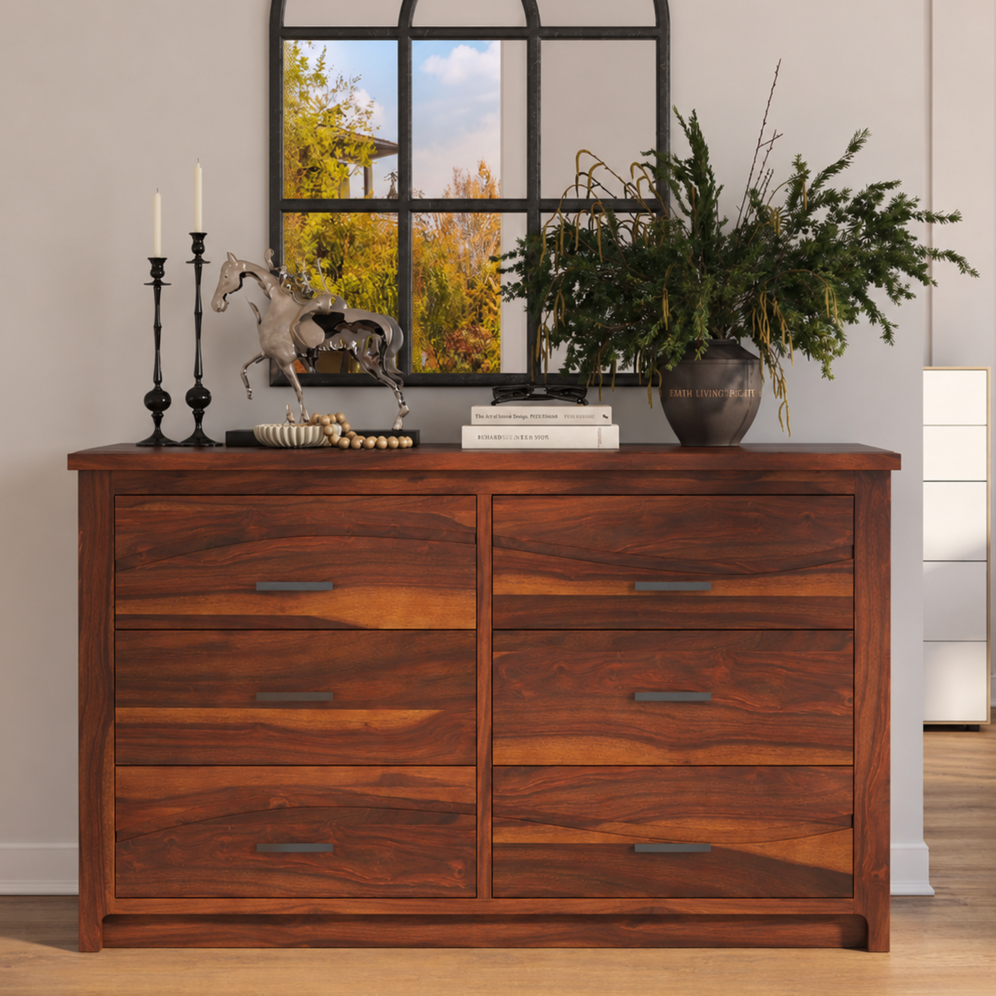 Solid Wood 6 Drawer Dresser | Modern Wooden Double Dresser | Minimalist Bedroom Storage Cabinet