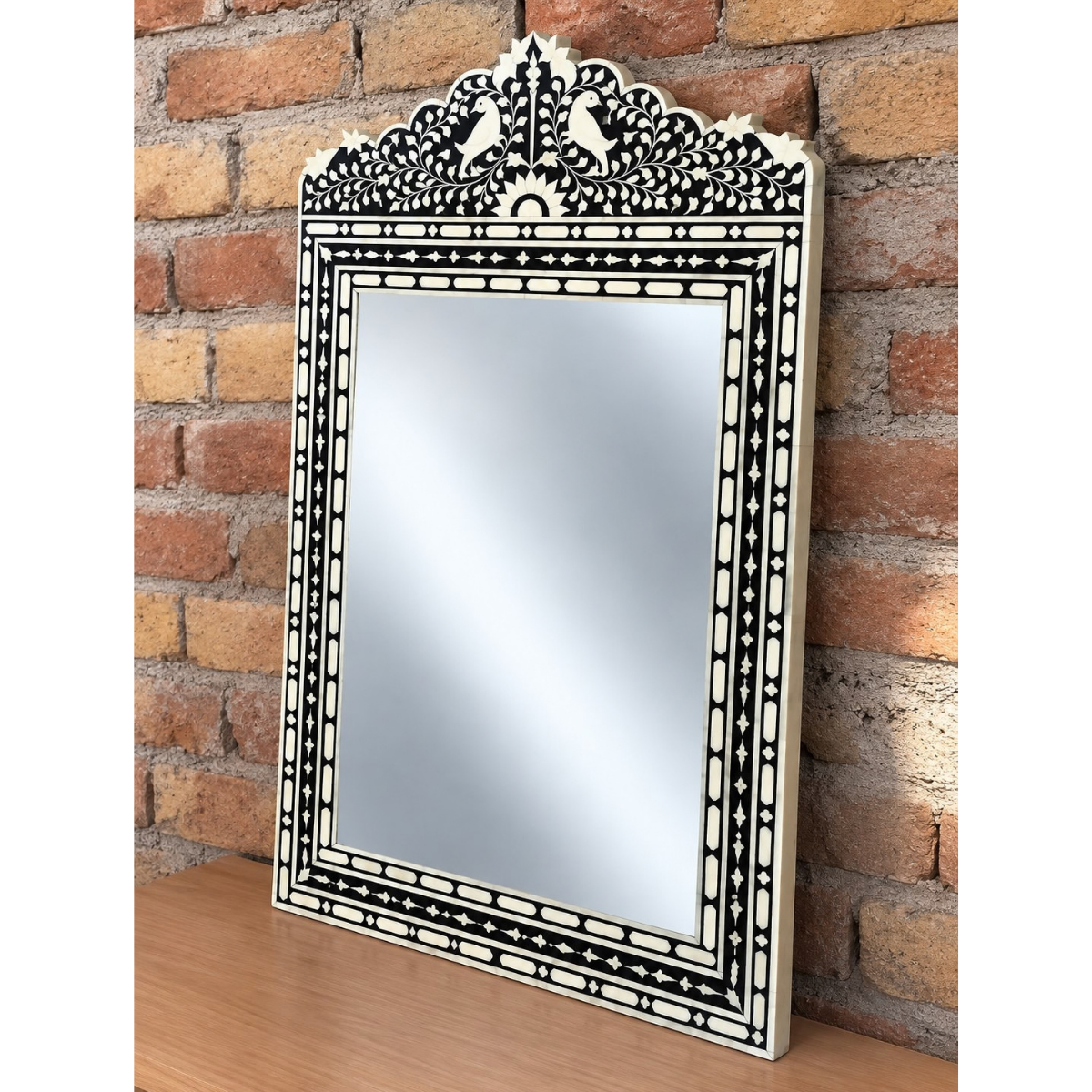 Handmade Black Bone Inlay Mirror – Ornate Floral & Bird Design