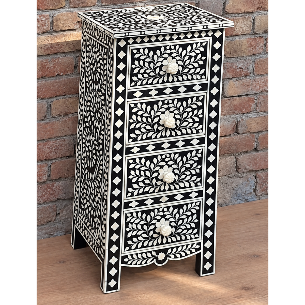 Handmade Bone Inlay 4-Drawer Chest | Black & White Floral Nightstand