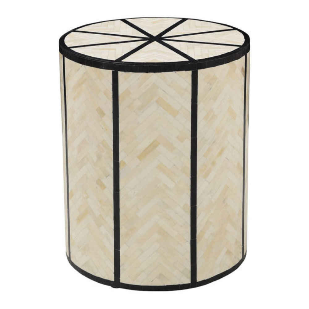 Natural Bone Inlay Round End Table Black Stripe Panel Design Handmade Modern Accent Side Table